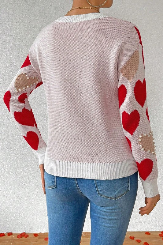 Round Neck Heart Shape Pearl Beads Knit Sweater