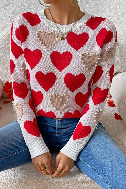 Round Neck Heart Shape Pearl Beads Knit Sweater