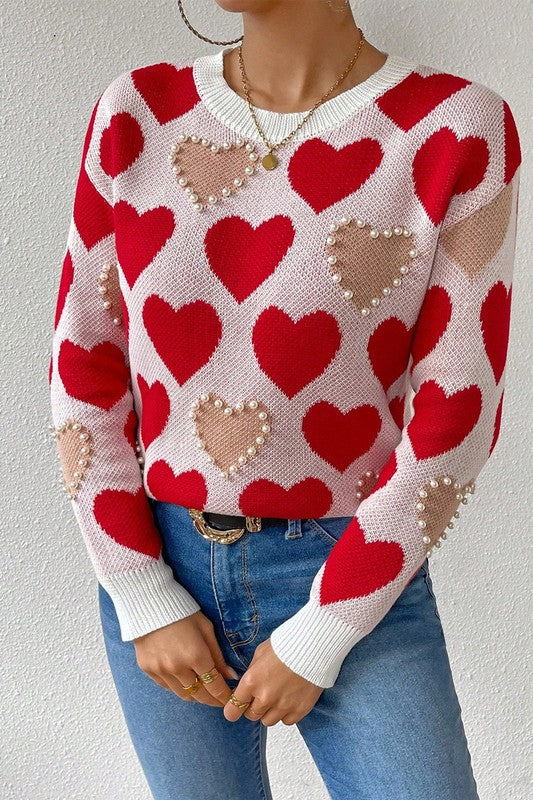 Round Neck Heart Shape Pearl Beads Knit Sweater