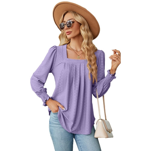 New Jacquard Pleated Square Neck T-shirt Fashion Solid Color Long