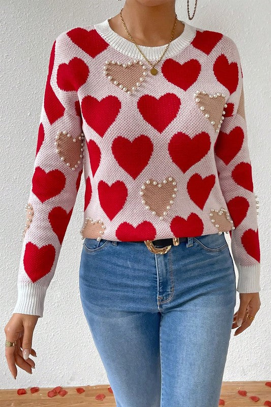 Round Neck Heart Shape Pearl Beads Knit Sweater