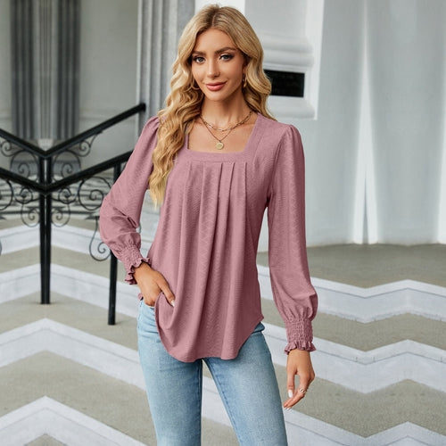 New Jacquard Pleated Square Neck T-shirt Fashion Solid Color Long