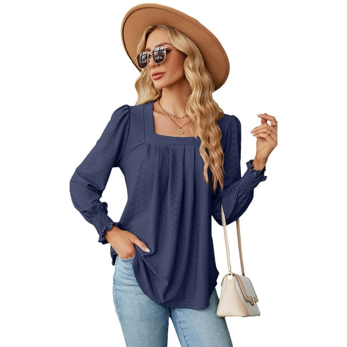 New Jacquard Pleated Square Neck T-shirt Fashion Solid Color Long
