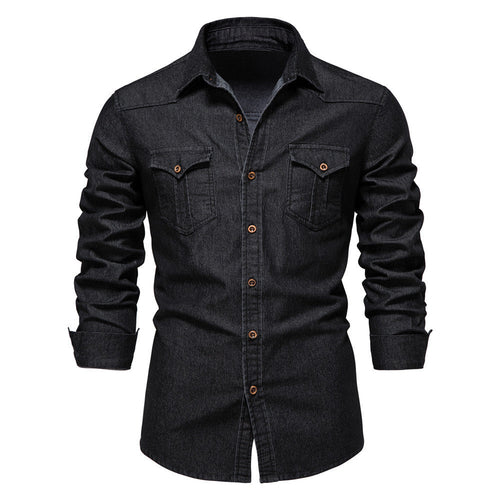 Men's Long-sleeved Denim Shirt Casual Solid Button Slim Tops Clothing