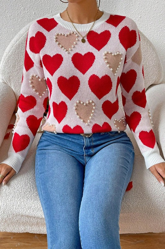 Round Neck Heart Shape Pearl Beads Knit Sweater