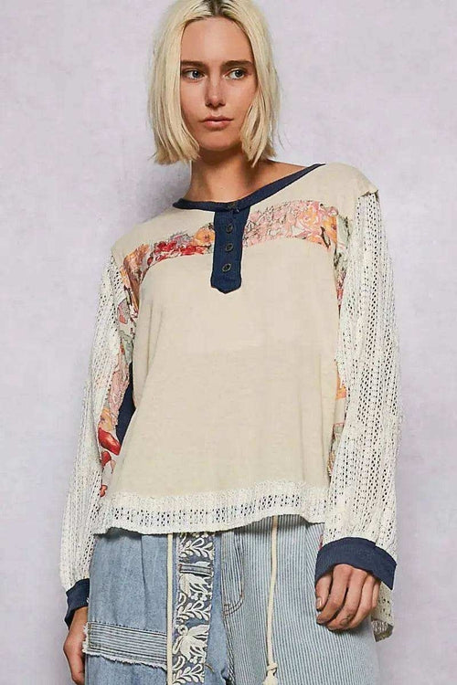 POL Button Detail Floral Patchwork Crochet Sleeve Blouse