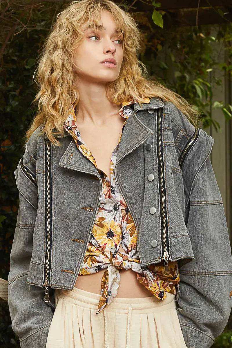 POL Cropped Denim Jacket with Functional Zipper Detail