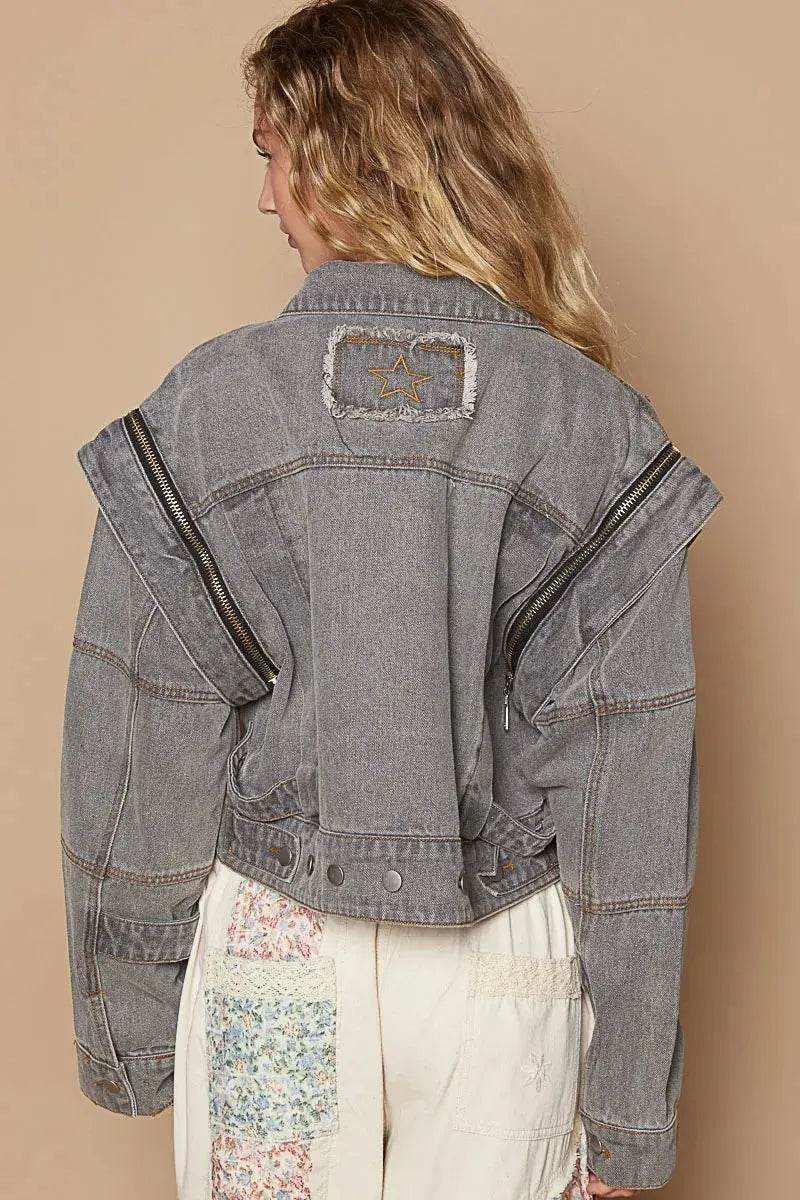 POL Cropped Denim Jacket with Functional Zipper Detail