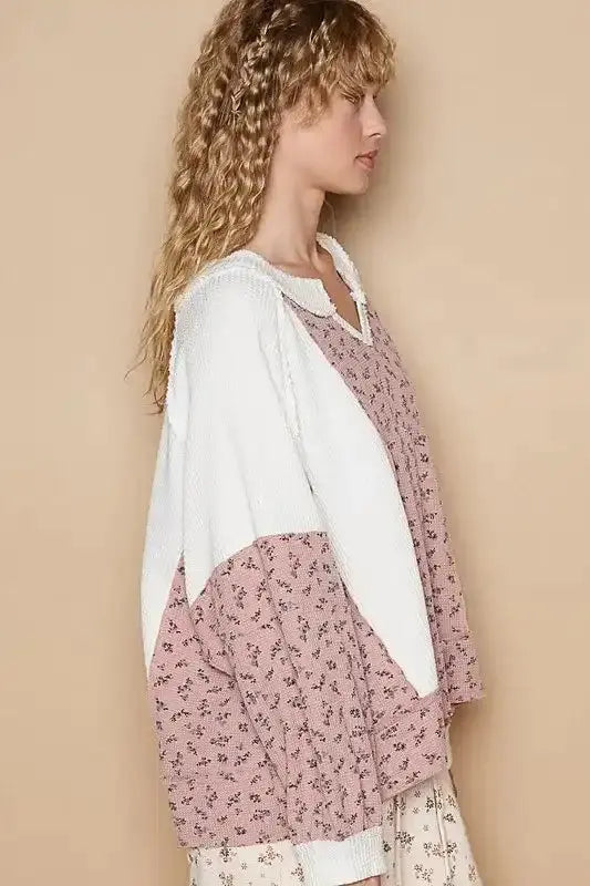 POL Waffle Knit Floral Notched Long Sleeve Top