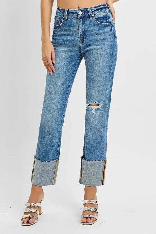 RISEN High Rise Ankle Straight Wide Cuffed Jeans