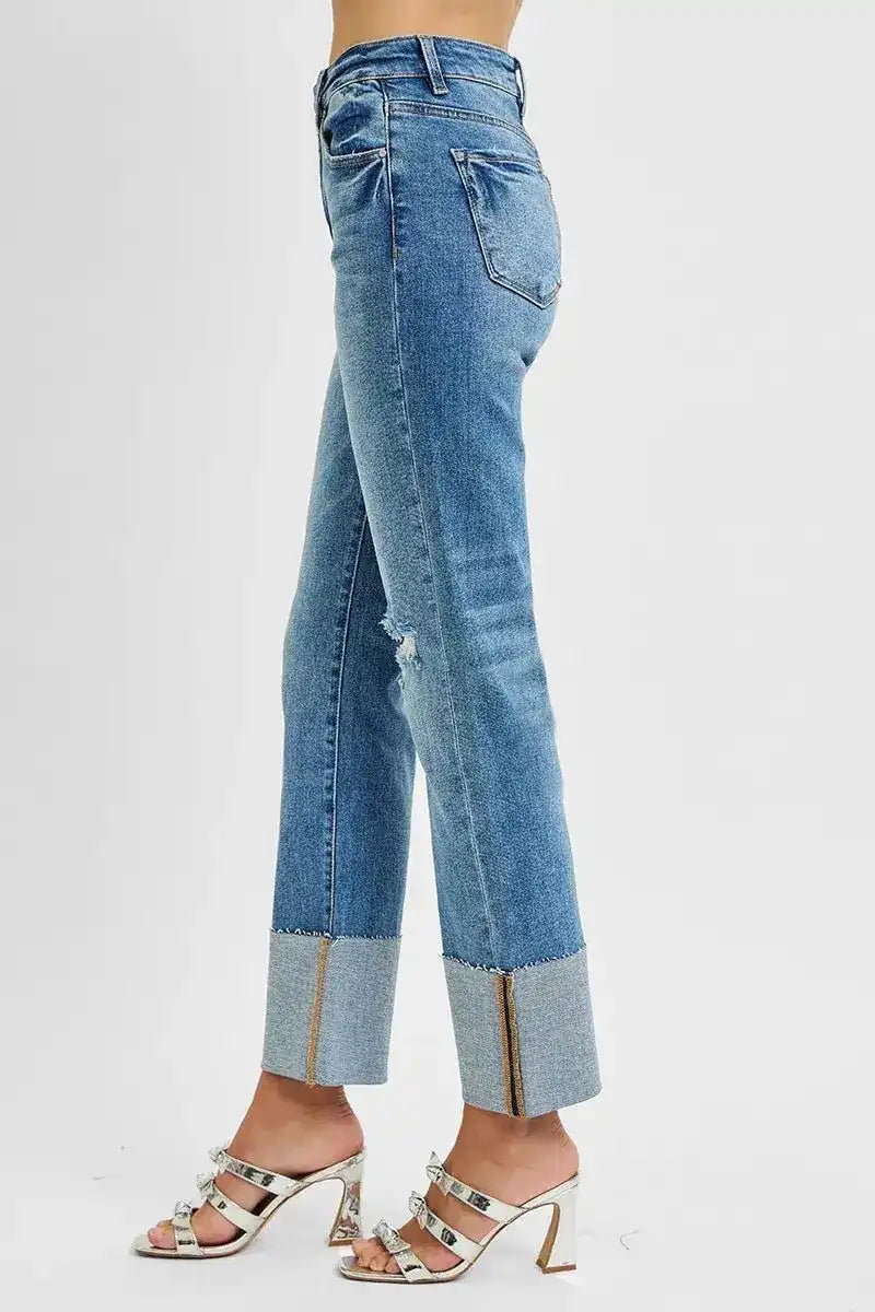 RISEN High Rise Ankle Straight Wide Cuffed Jeans