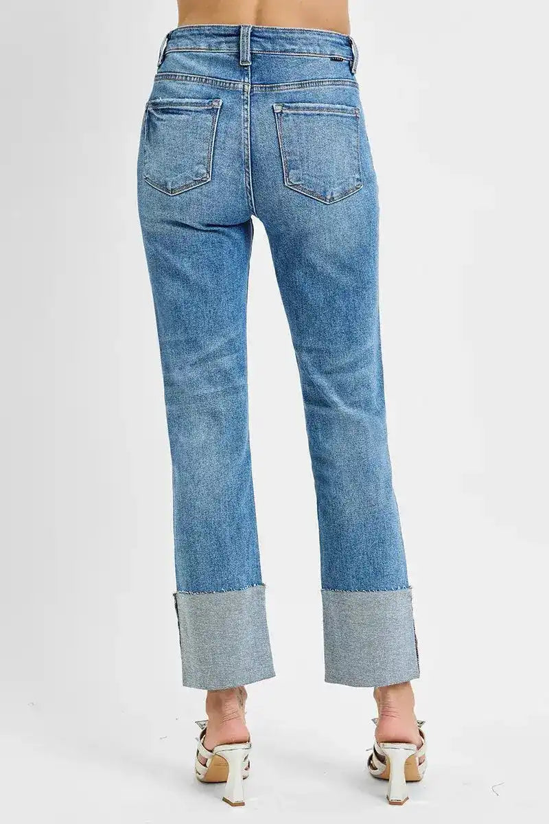 RISEN High Rise Ankle Straight Wide Cuffed Jeans