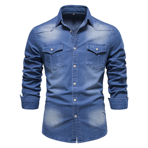 Men's Long-sleeved Denim Shirt Casual Solid Button Slim Tops Clothing