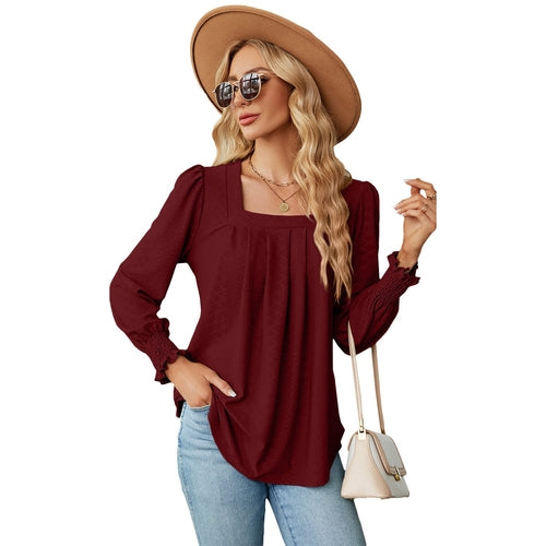 New Jacquard Pleated Square Neck T-shirt Fashion Solid Color Long