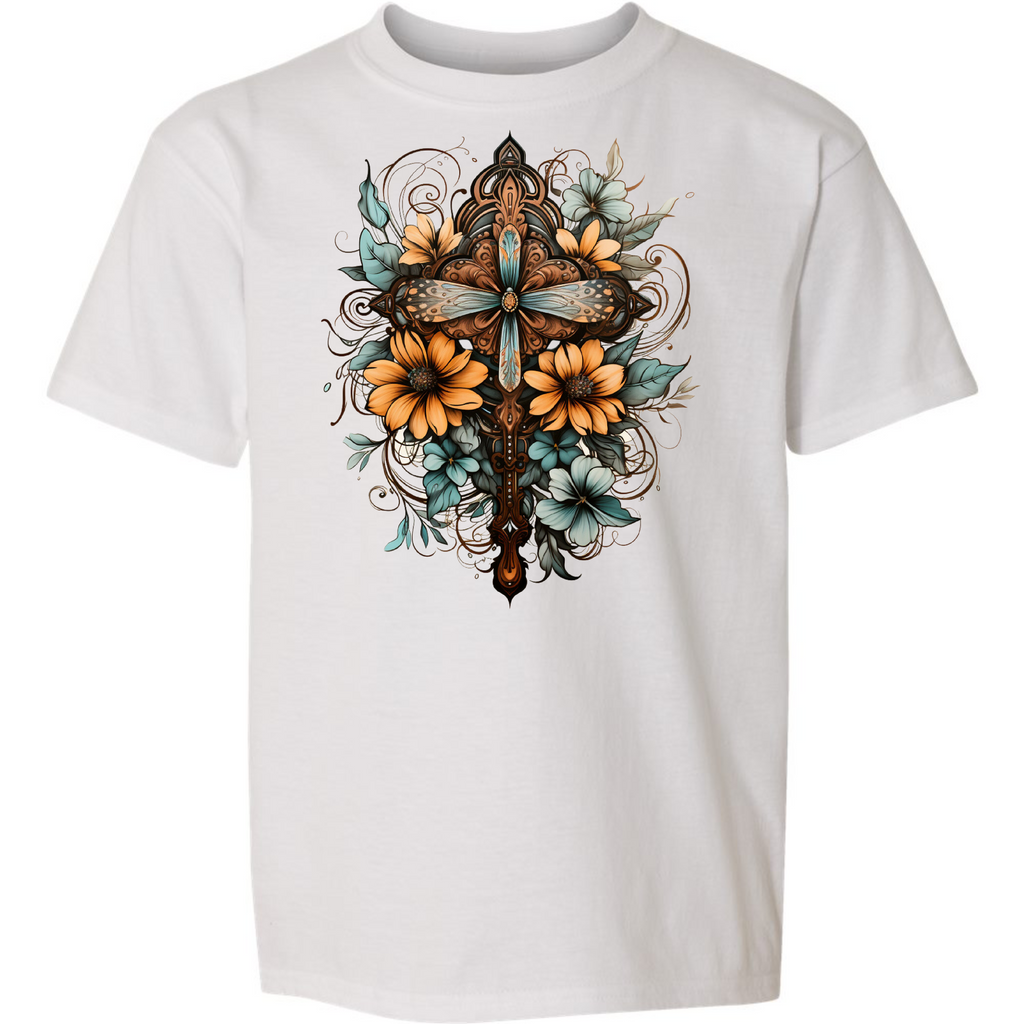 Youth Short Sleeve Graphic T-shirt - Christian Cross Floral Bouquet