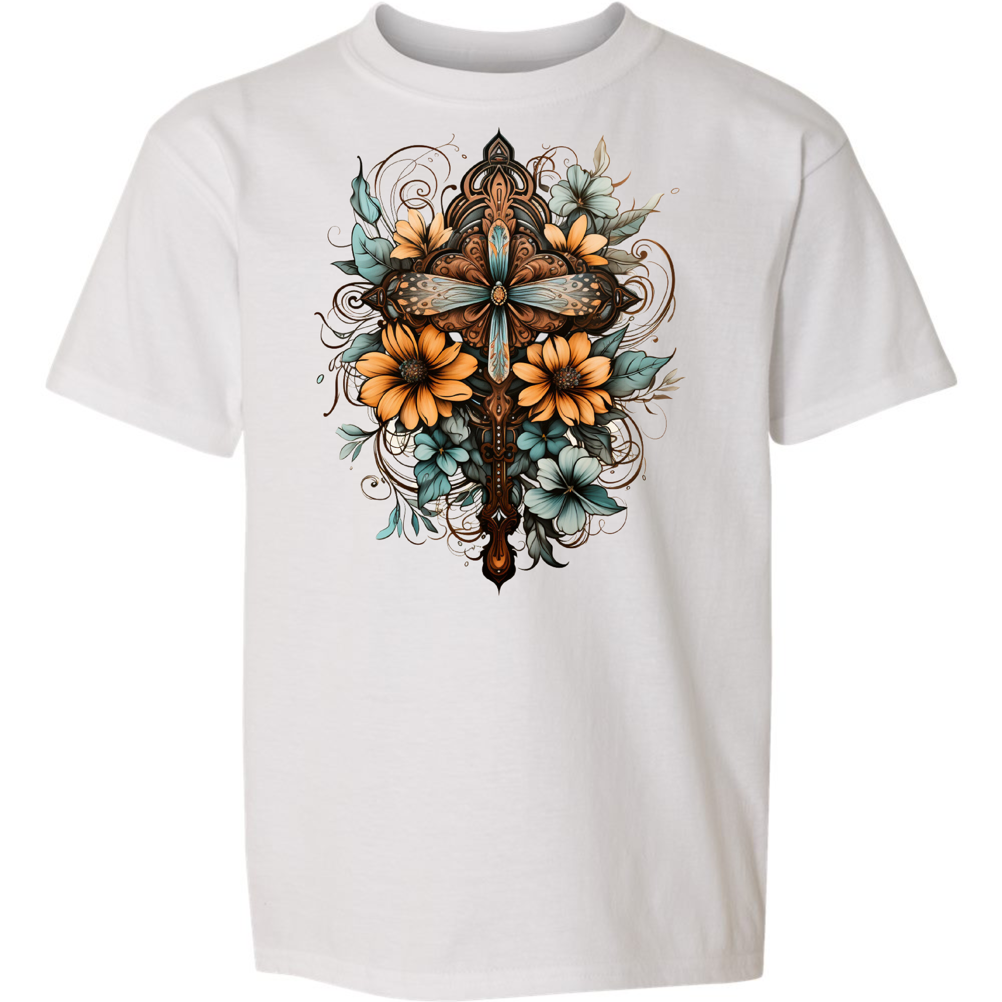 Youth Short Sleeve Graphic T-shirt - Christian Cross Floral Bouquet