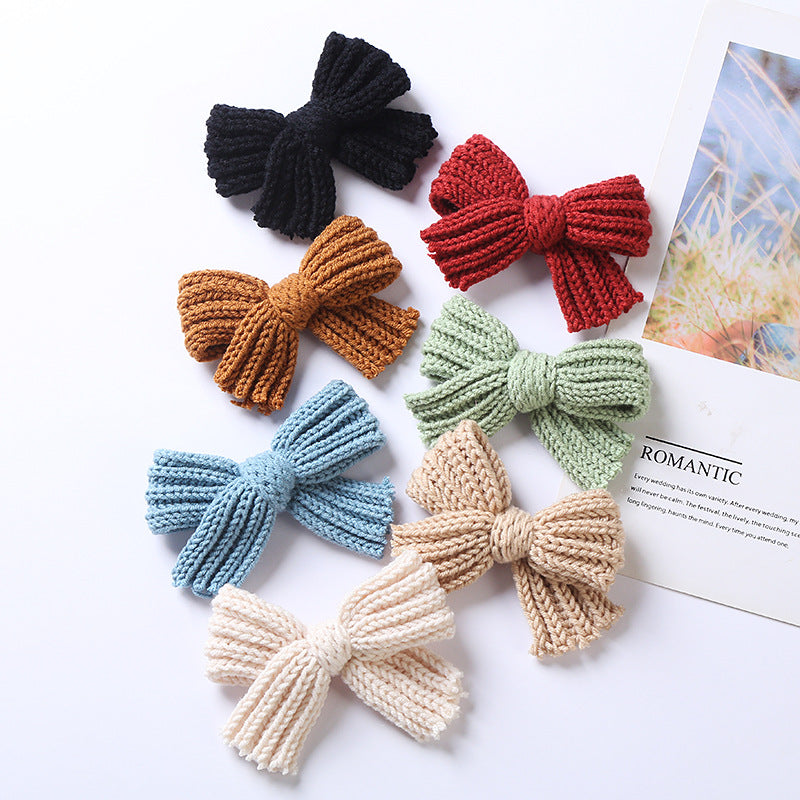 Baby 2 pc. Solid Color Big Knitted Bow Handmade Hairpin