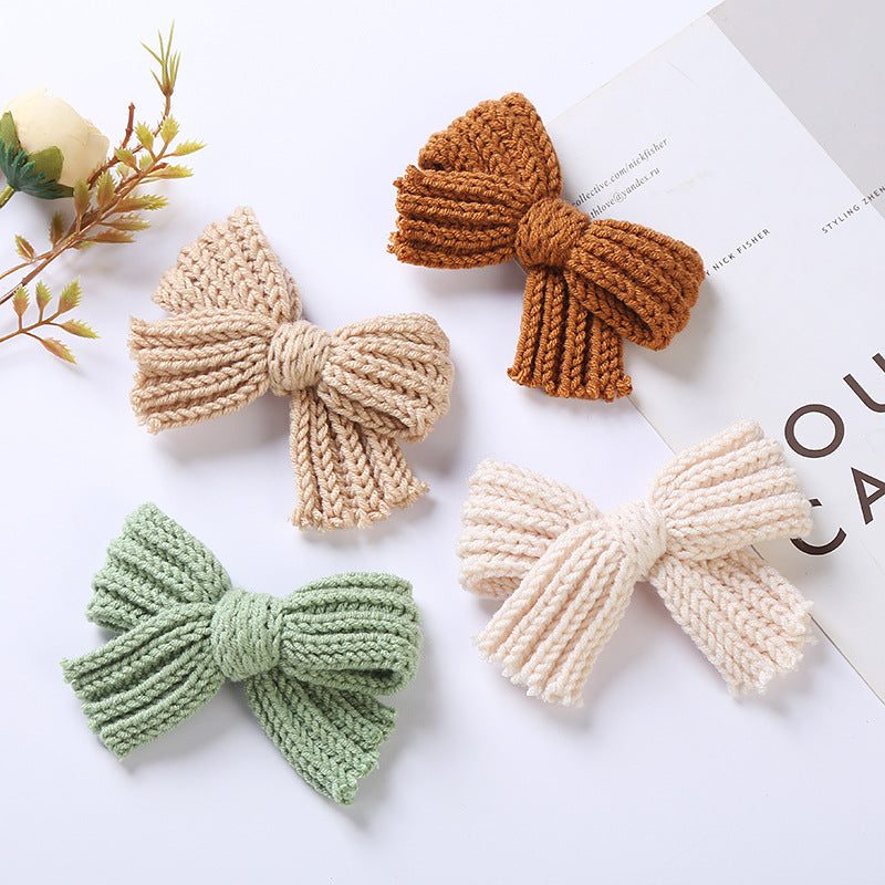 Baby 2 pc. Solid Color Big Knitted Bow Handmade Hairpin