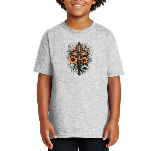 Youth Short Sleeve Graphic T-shirt - Christian Cross Floral Bouquet