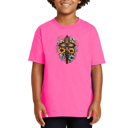 Youth Short Sleeve Graphic T-shirt - Christian Cross Floral Bouquet
