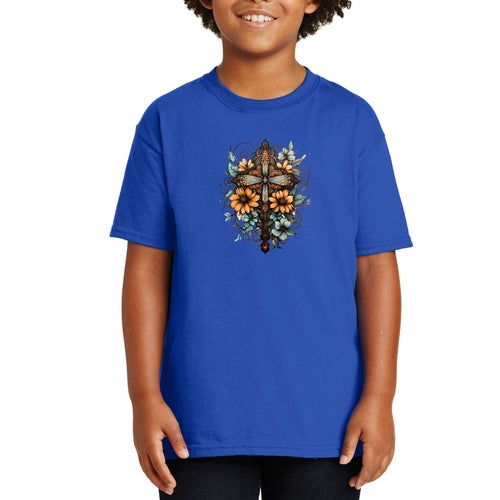 Youth Short Sleeve Graphic T-shirt - Christian Cross Floral Bouquet
