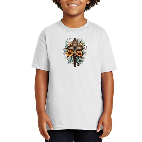 Youth Short Sleeve Graphic T-shirt - Christian Cross Floral Bouquet